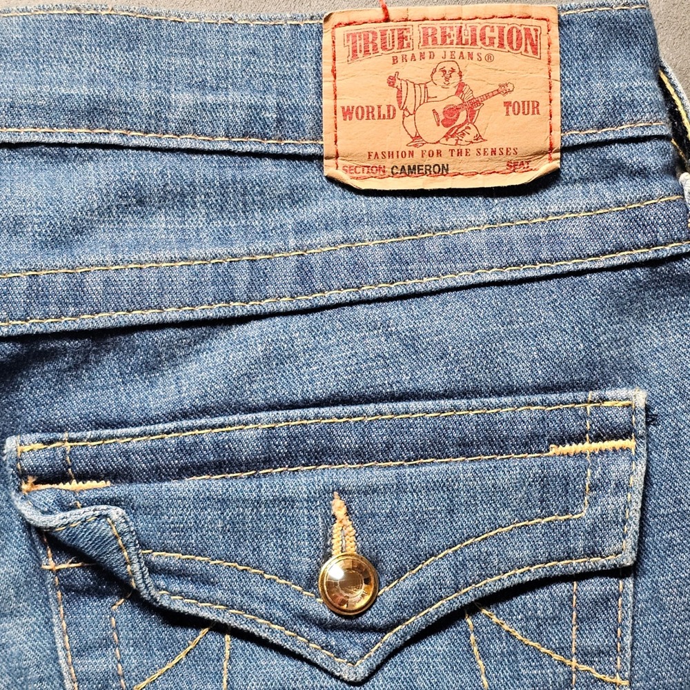 True Religion Cameron Slim Straight Jeans Blue Medium Wash Crystal Button USA 28